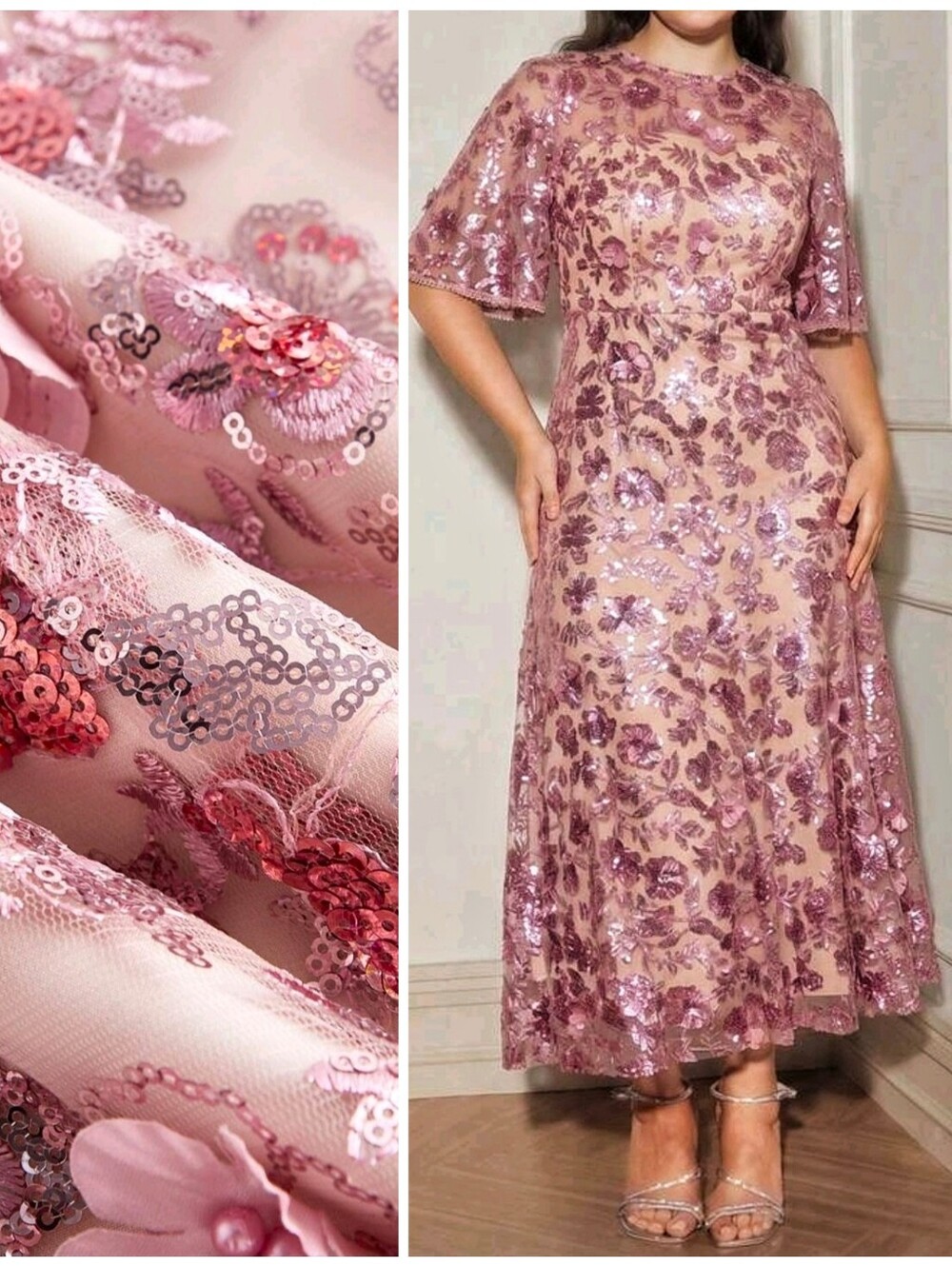 New PLUS Luxe Sequin Long Dress Beaded Flutter Sleeve Pink Beige Tan